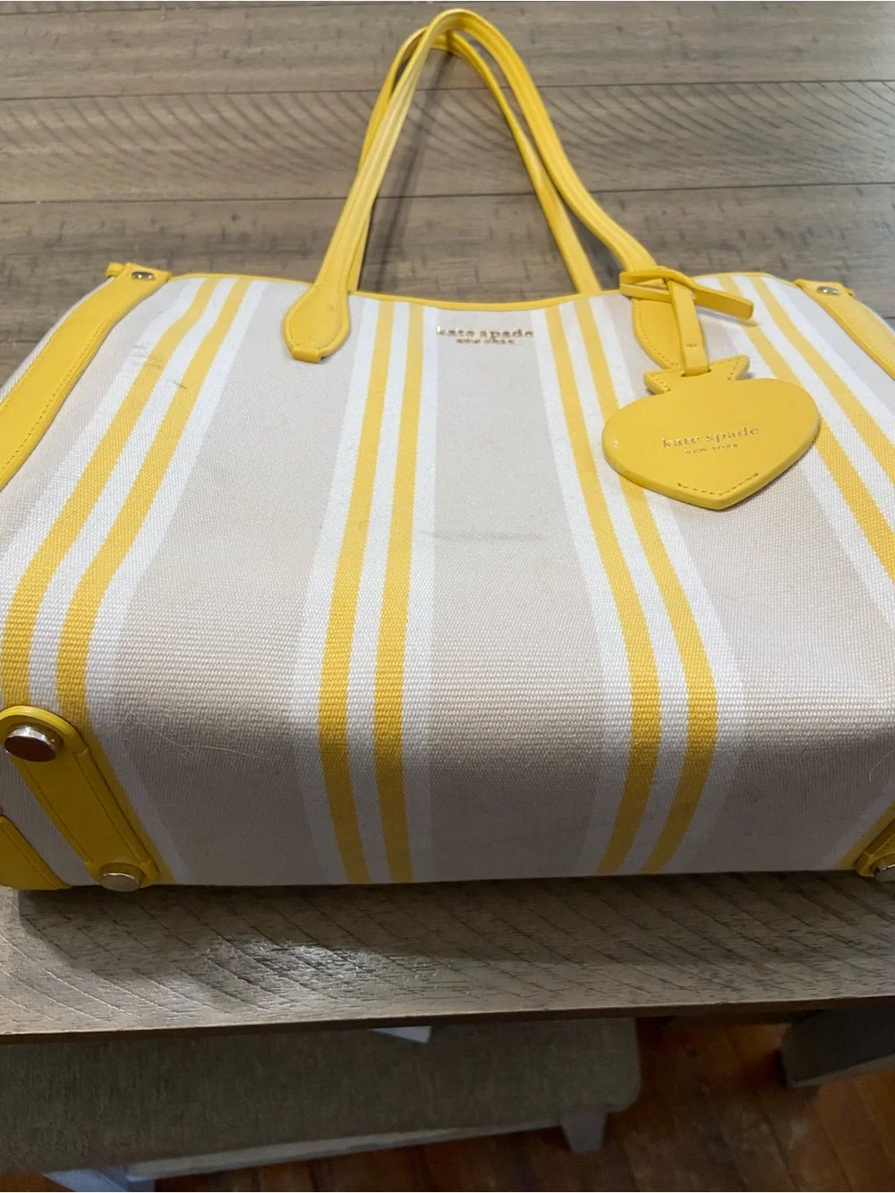 kate spade Yellow and Cream Striped Canvas Tote with Heart Charm